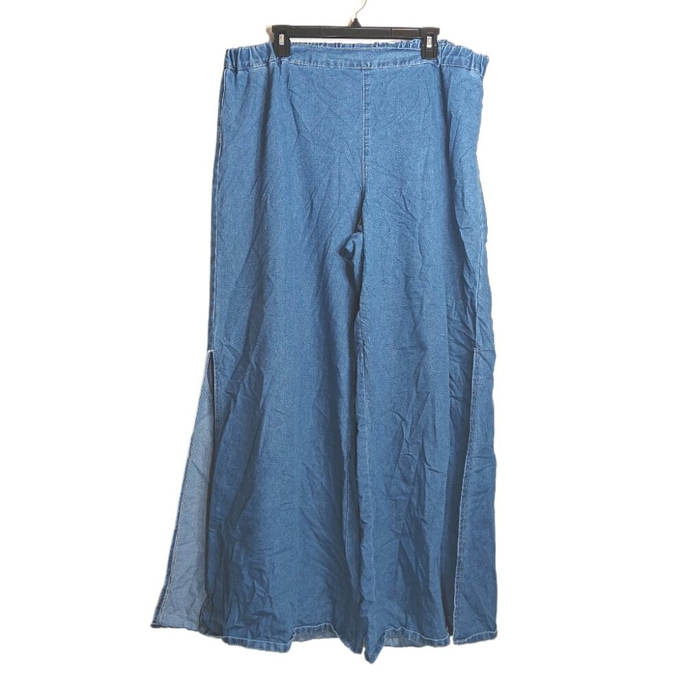 SHEIN Curve Pull On Wide Jeans Womens 2XL Medium Wash High Rise Split Thigh Hem